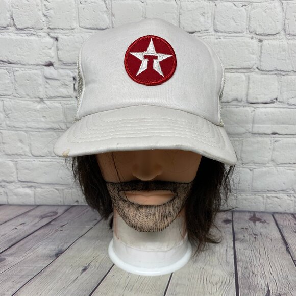 Vintage Texaco Trucker Hat Mesh Cap Snapback White Patch Oilfield - CRACKED BILL - Picture 1 of 12